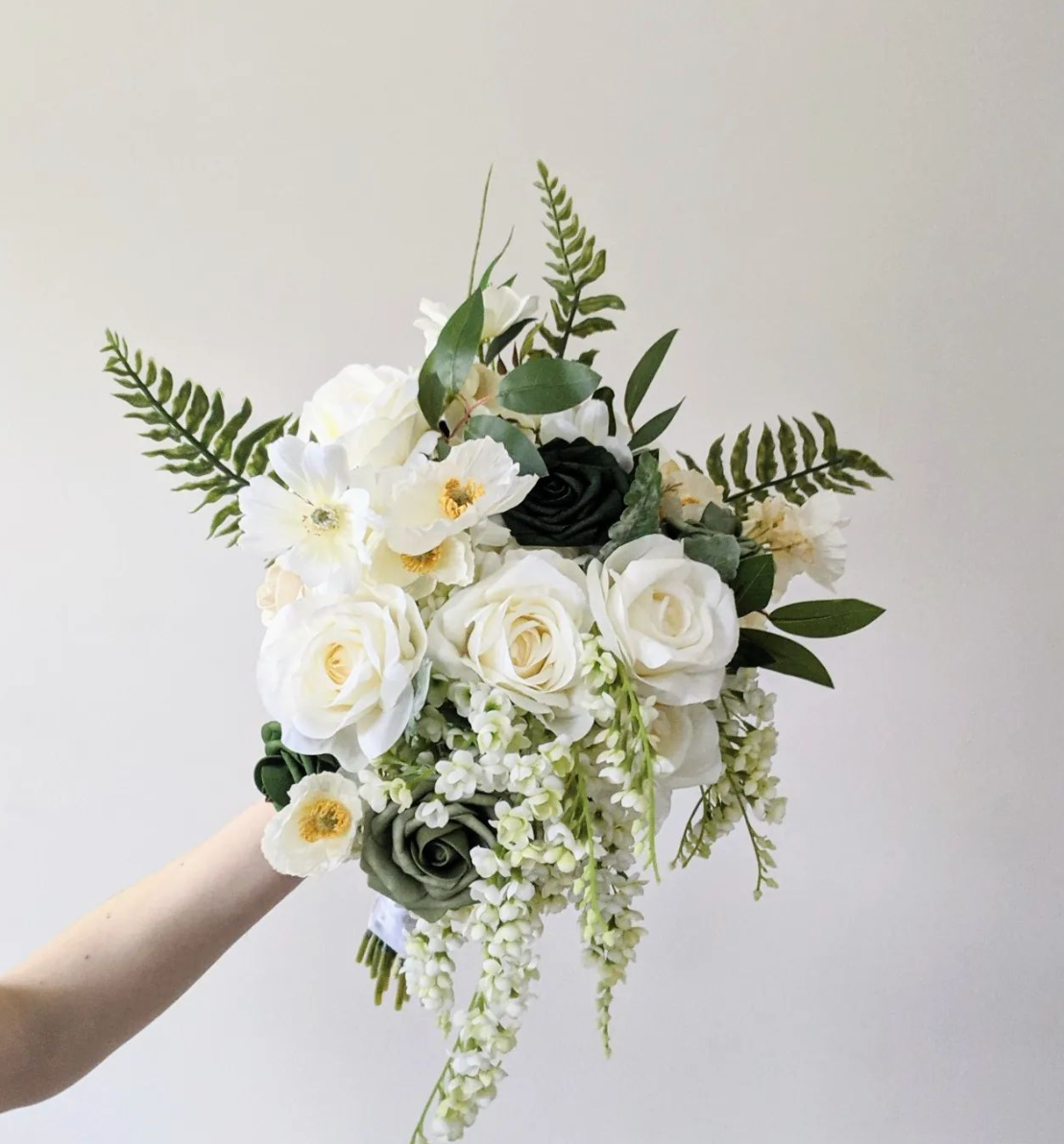 White & Emerald Cascading Bridal Bouquet