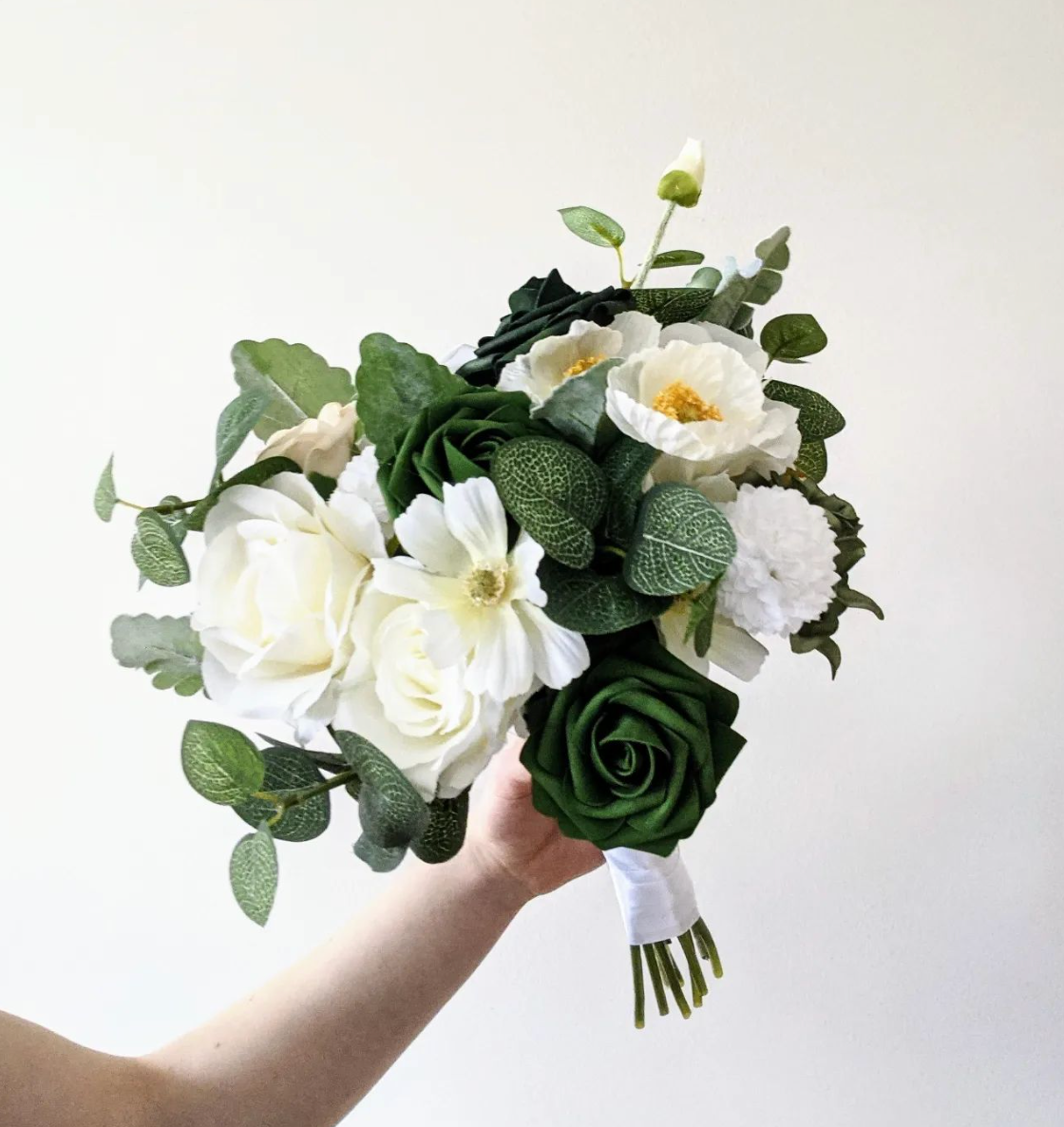 White & Emerald 7" Bridesmaid Bouquet