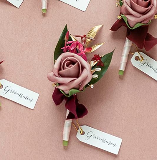 Cinnamon Rose & Burgundy Groomsmen Boutonniere