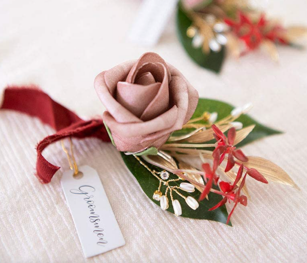 Cinnamon Rose & Burgundy Groomsmen Boutonniere