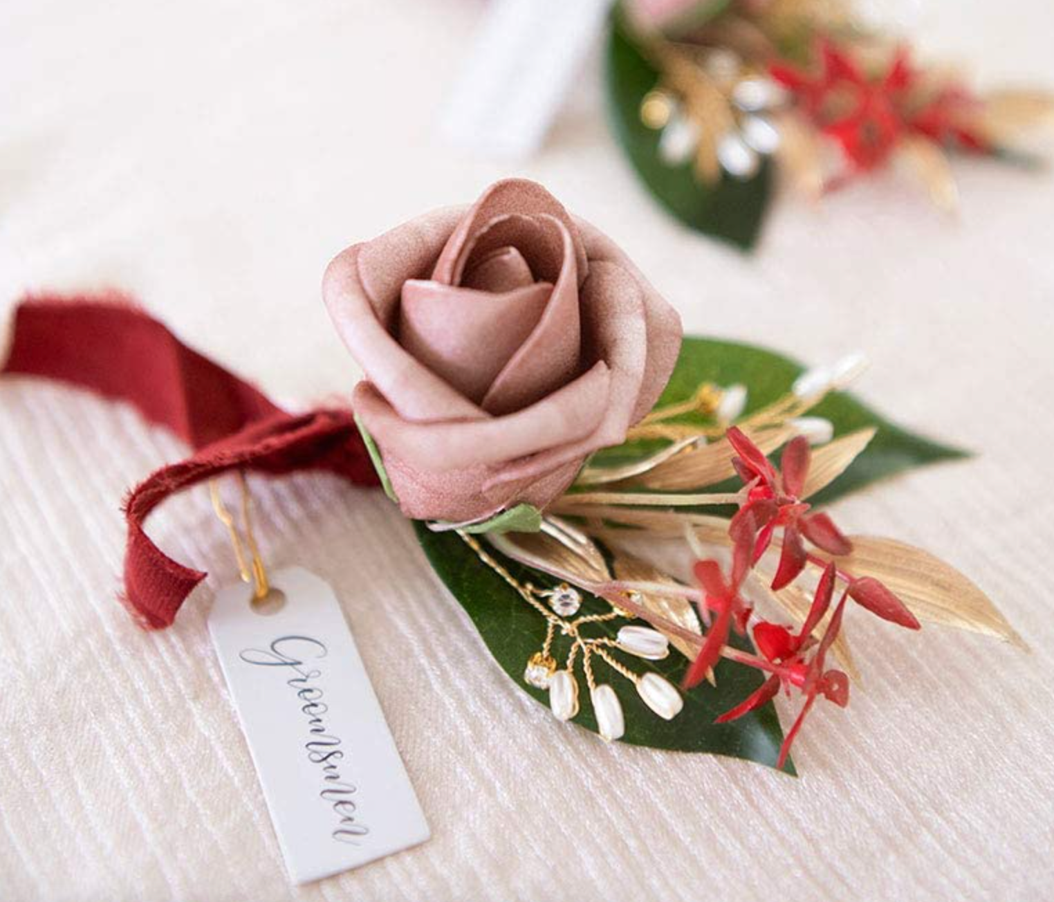 Cinnamon Rose & Burgundy Groomsmen Boutonniere