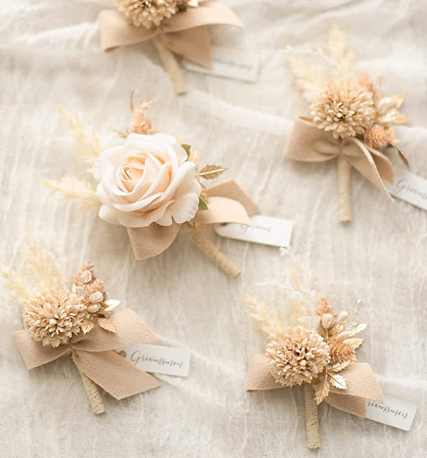 White & Gold Groom Boutonniere