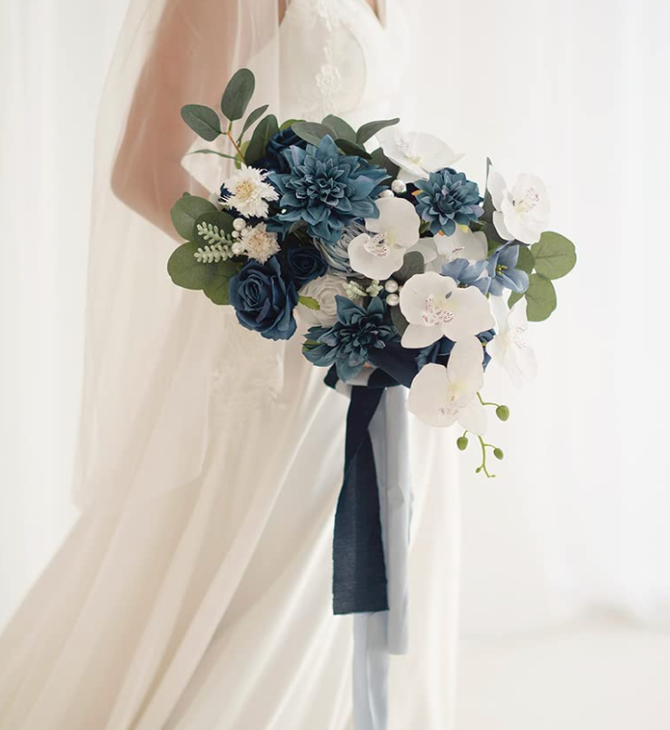 Navy Blue & White 11" Bridal Bouqet
