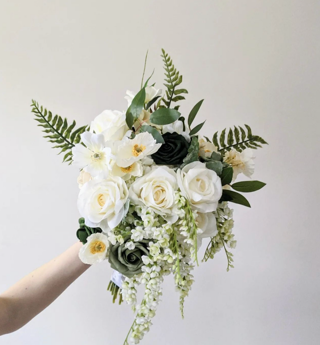 White & Emerald Cascading Bridal Bouquet