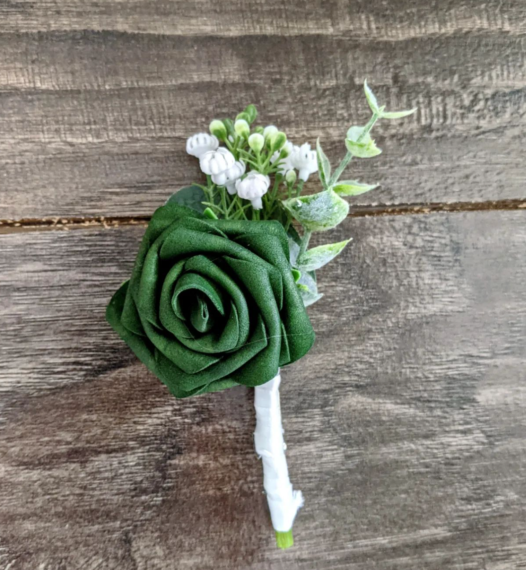 White & Emerald Boutonniere