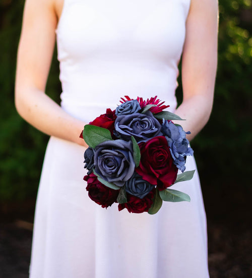 navy bridesmaid dress with burgundy flowers Navy Blue and Burgundy Sola Wood Flower Bouquet for Bride and Bridal Party  Flowers