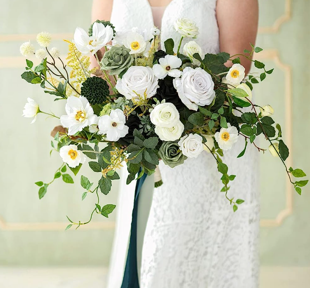 White & Emerald 17" Garden Bridal Bouquet