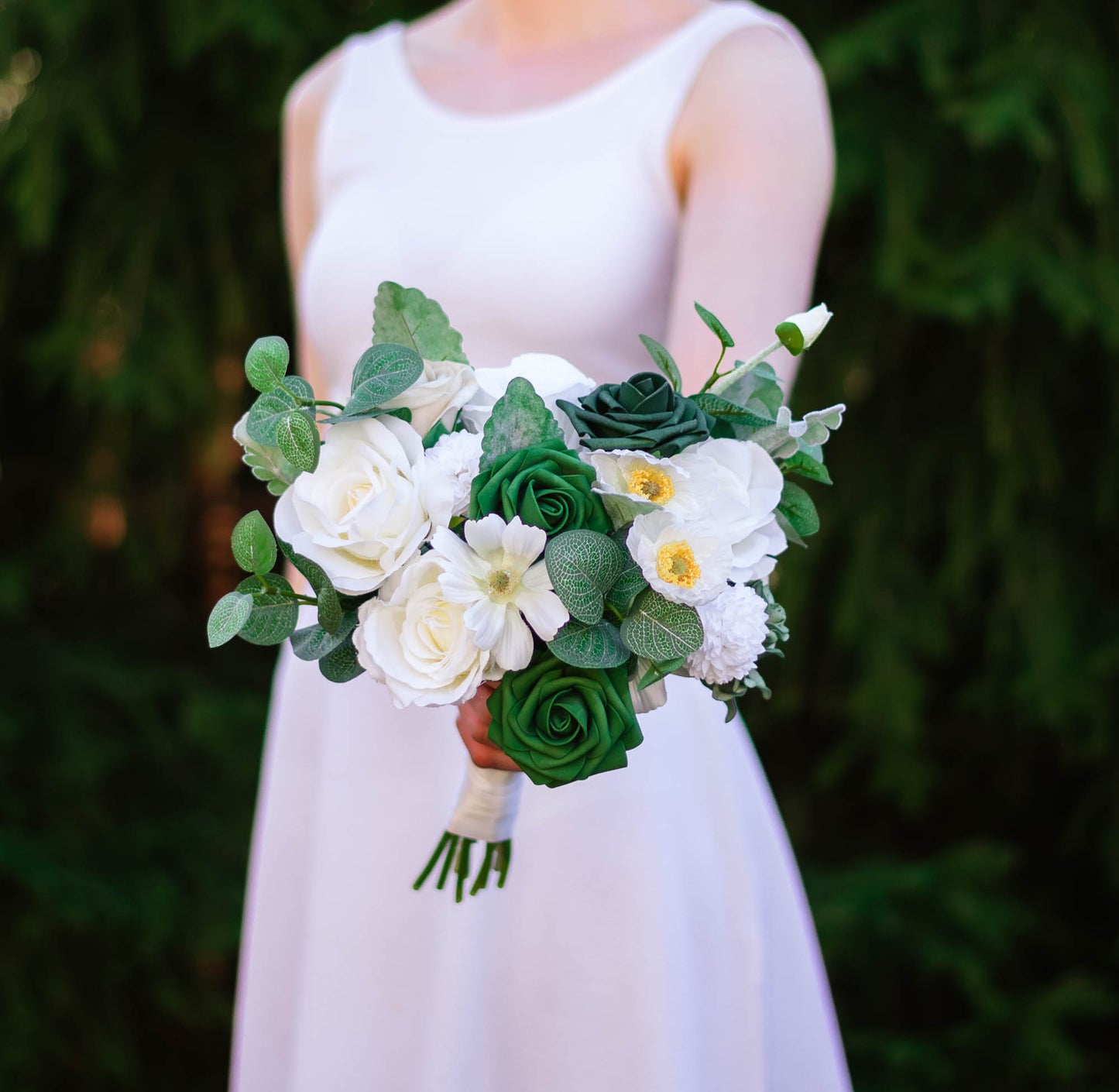 White & Emerald 7" Bridesmaid Bouquet